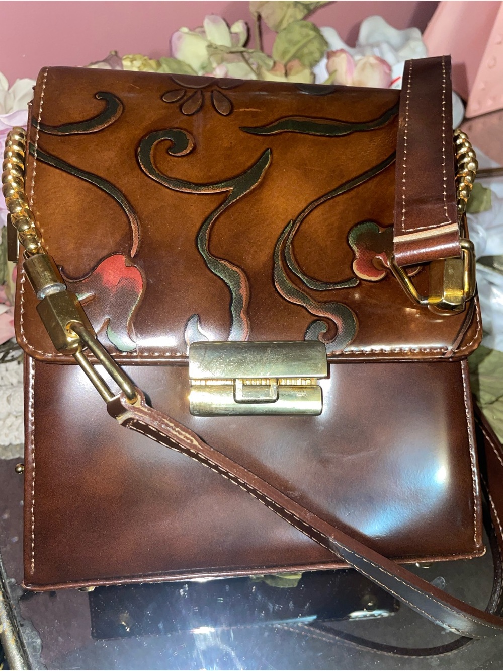 Alexander Made in Italy Brown Floral Tooled Leather Crossbody Bag